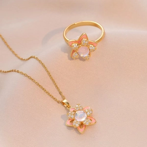 Titanstahl Rosa Blume Drehbarer Anhänger Halskette Und Offener Ring Mit Zirkonia Emaille Irisierendem Stein Damen Mode Schmuck