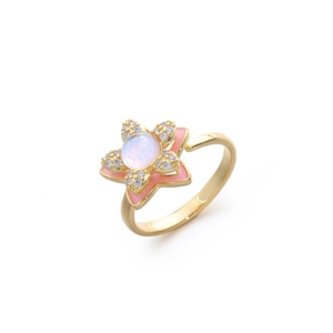 Verstellbarer goldener Blumenring mit Opal-Mitte, rosa Emaille und Zirkonia-Steinen