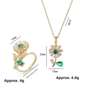Set gioielli girasole con smeraldo rotante, collana e anello placcati in oro da donna