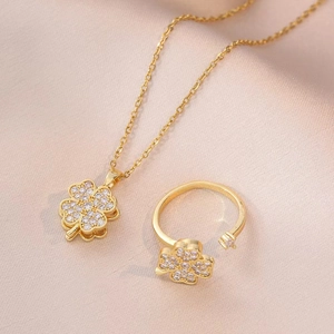 Stainless Steel Rotating Heart Clover Jewelry Set For Women Gold Plated Zirconia Inlay Necklace Rotating Open Ring Fashion Accessory