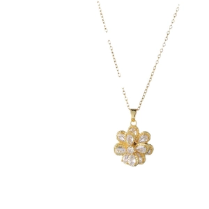 Elegant gold titanium steel necklace with rotating zircon flower pendant and beads