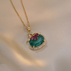 Vintage Hanger Ketting Roestvrij Staal Met Groene Edelsteen Rode Bloem Zirkoon Elegante Sieraden Voor Dames