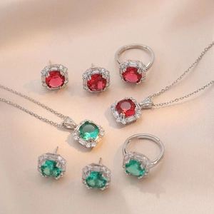 Luxury Jewelry Titanium Steel Necklace Ear Studs And Adjustable Ring Emerald Ruby Red Zircon Square Halo Retro For Women