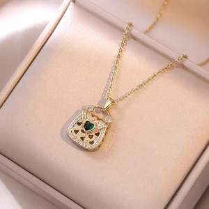 Handbag Pendant Necklace Stainless Steel Green Zircon Heart Hollow Design Luxury Fashion Jewelry For Women