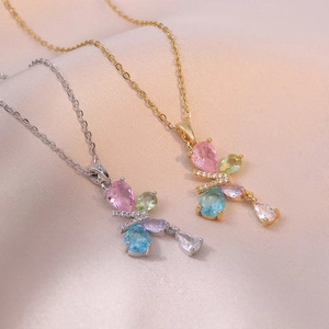 Butterfly Pendant Necklace Stainless Steel Colorful Zircon Pear Cut Elegant Fashion Jewelry For Women Aesthetic Gift