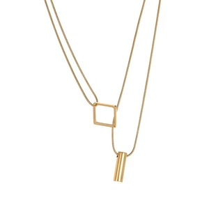 Minimalist double pendant gold necklace featuring square and cylinder on snake chain