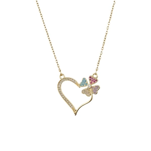 Collier doré élégant avec pendentif cœur et trèfle multicolore et micro-zircones