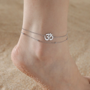 Stainless Steel Yoga OM Symbol Double Layer Anklet For Women Gold Silver Bead Chain Boho Beach Foot Jewelry Charm
