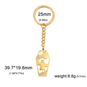 Detailed specs of gold coffin keychain with ghost and spider web motif in stainless steel