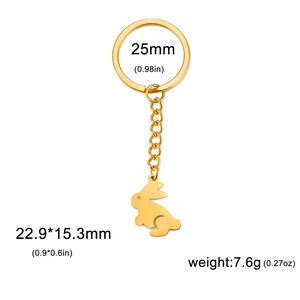 Detail showing polished gold rabbit charm dimensions and stainless steel keyring