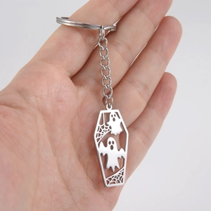 Polished stainless steel keychain with spooky ghost coffin pendant for Halloween style