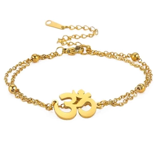 Double-layered gold stainless steel anklet with Om charm and beads for yoga beach style