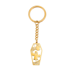 Golden Halloween stainless steel keychain with coffin pendant and ghost spiderweb motif