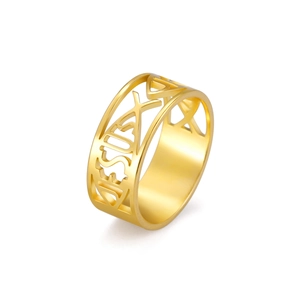 Gold stainless steel hollow Jesus ring with mirror finish shown at a 45-degree angle