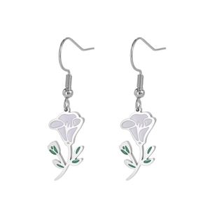 Boucles d'oreilles en acier inoxydable avec pétales en émail violet et feuilles vertes