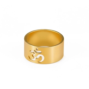 Gold stainless steel wide ring featuring cutout Om yoga symbol with polished finish