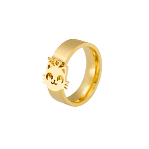 Polished gold stainless steel wide ring featuring a cute dangling cartoon cat pendant