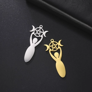 Detailed view of silver and gold triple moon goddess pentagram stainless steel pendants