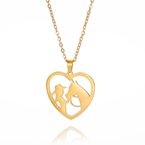 Golden heart necklace featuring a silhouette of a woman and horse on a white background