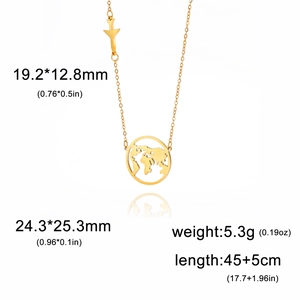 Detail view showing dimensions of world map and airplane charms on gold stainless necklace