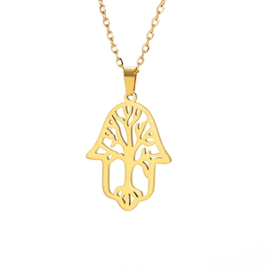 Golden Hamsa hand and tree of life hollow pendant necklace made of stainless steel