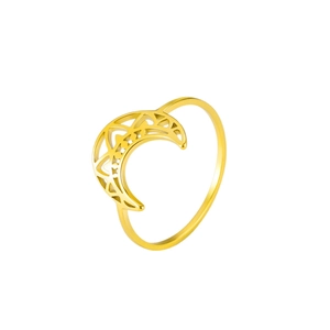 Vintage golden crescent moon ring with hollow lotus pattern for bohemian style women