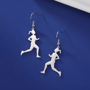 Polished stainless steel dangle earrings featuring a silhouette of a female runner