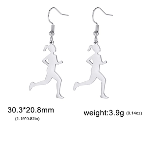 Running girl silhouette dangle earrings in silver stainless steel, size 30.3x20.8mm