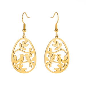 Boucles d'oreilles bohèmes en acier doré avec motif d'oiseau et branche évidé