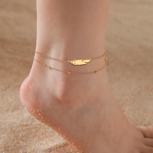 18K Gold Plated Stainless Steel Feather Pendant Anklet Bohemian Double Layer Layered Bead Ankle Bracelet For Women Jewelry
