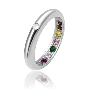 Bague en argent poli avec zircons arc-en-ciel cachés et cristal blanc au centre