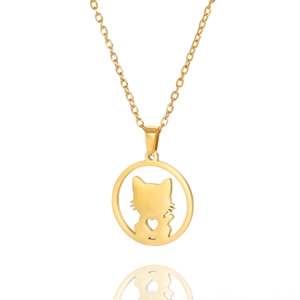 Golden stainless steel necklace featuring a hollow round cat pendant with a heart detail