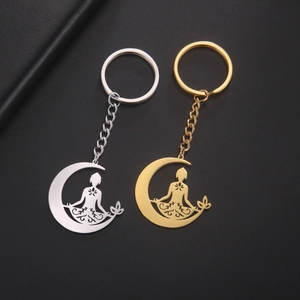 Porte-clés demi-lune et lotus de yoga en acier inoxydable poli, coloris doré et argenté