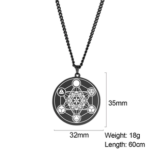 Collier pendentif Cube de Métatron en acier inoxydable noir pour homme avec chaîne