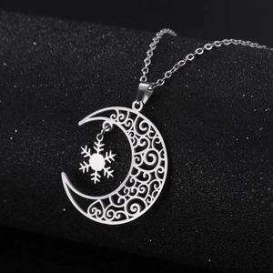 Silver stainless steel necklace with hollow crescent moon and snowflake charm pendant