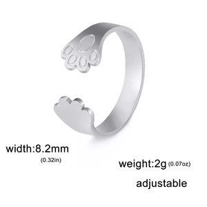 Adjustable silver stainless steel open ring with animal paw design, 8.2mm wide and 2g weight