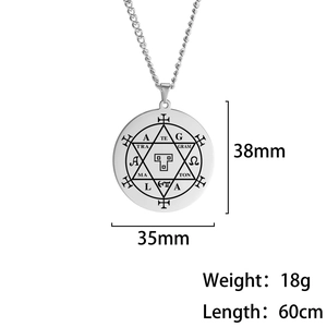 Edelstahl Hexagramm Anhänger mit Maßen und 60cm langer Kordelkette auf weißem Hintergrund