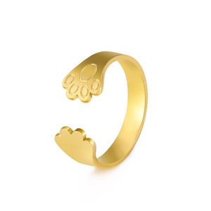 Adjustable golden stainless steel open ring featuring a cute cat paw print design