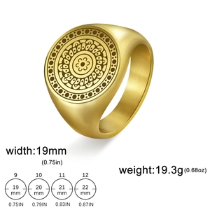 Detailed size specifications for gold mandala totem ring in polished stainless steel