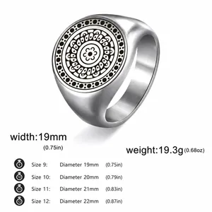 Size chart for vintage stainless steel totem signet ring showing weights and dimensions