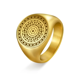 Vintage golden stainless steel signet ring with engraved mandala pattern for men