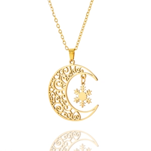 Golden stainless steel moon pendant necklace with hollow patterns and a snowflake charm