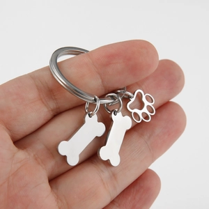 Porte-clés en acier inoxydable avec pendentifs os de chien et empreinte de patte