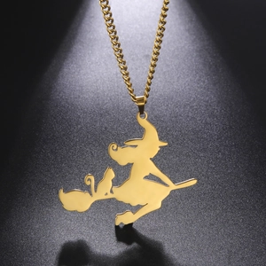 Collana in acciaio inossidabile dorato con ciondolo silhouette strega su scopa