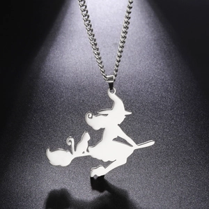 Collana in Acciaio Inossidabile Con Ciondolo a Forma di Strega Su Scopa e Gatto Gioielli Gothic Regalo Per Uomo Donna