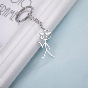Detailed close-up of a silver stainless steel stickman keychain with cool sunglasses