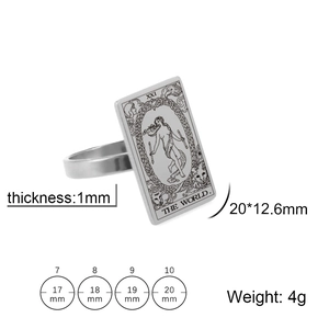 Size chart for Tarot The World ring showing 20x12.6mm plate dimensions and ring sizes