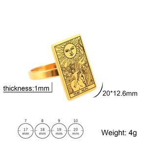 Detail showing dimensions of golden stainless steel Sun Tarot ring with XIX engraving