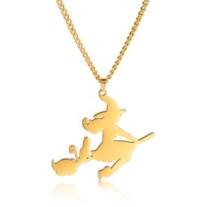 Collana in acciaio inossidabile dorato con ciondolo silhouette strega e gatto su catenina
