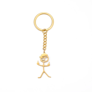Gouden roestvrijstalen sleutelhanger met stickman die de middelvinger opsteekt
